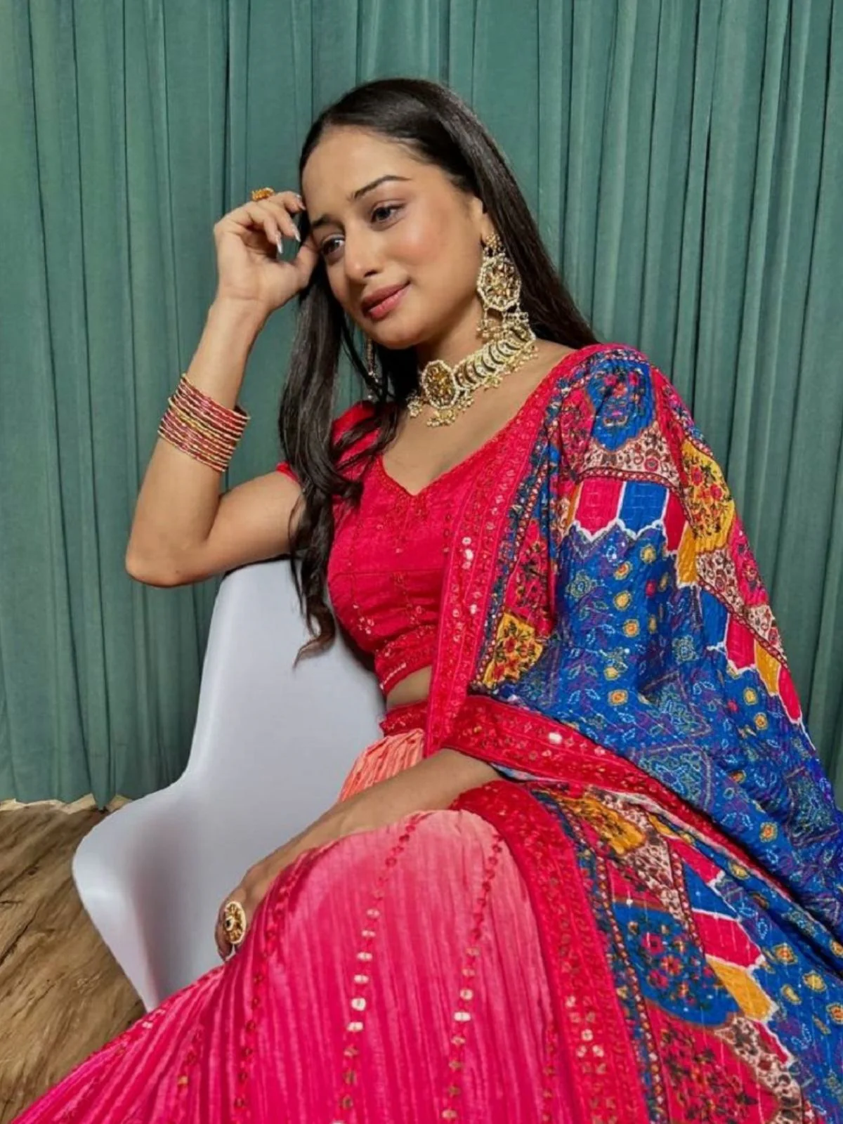 Odette Red Chinon Silk Embroidered Semi-Stitched Lehenga For Women - Image 5