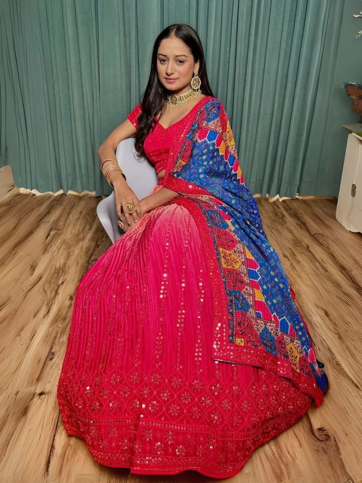 Odette Red Chinon Silk Embroidered Semi-Stitched Lehenga For Women - Image 7