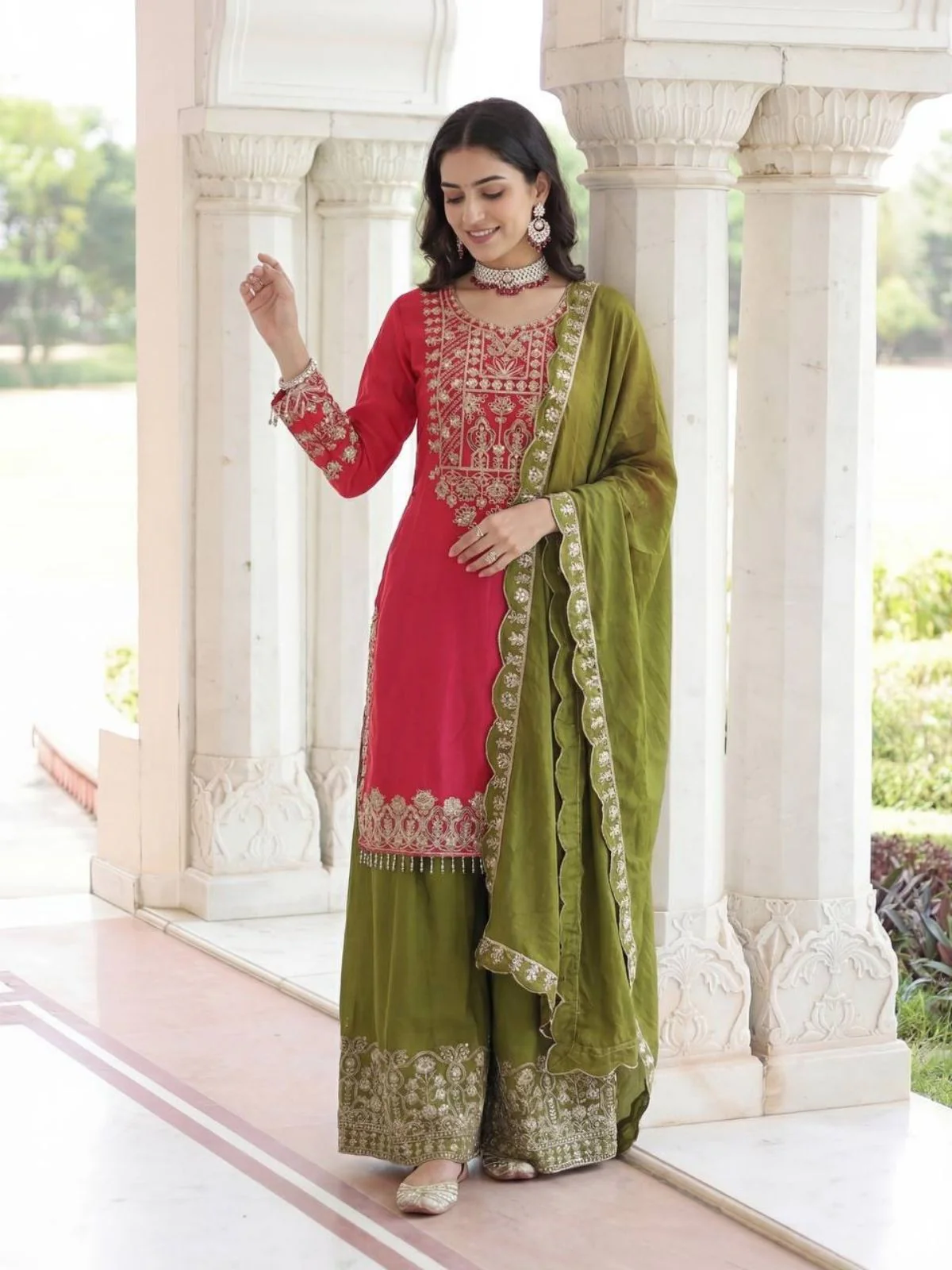 Odette Red Chinon Solid Stitched Kurta Set For Women - Image 2