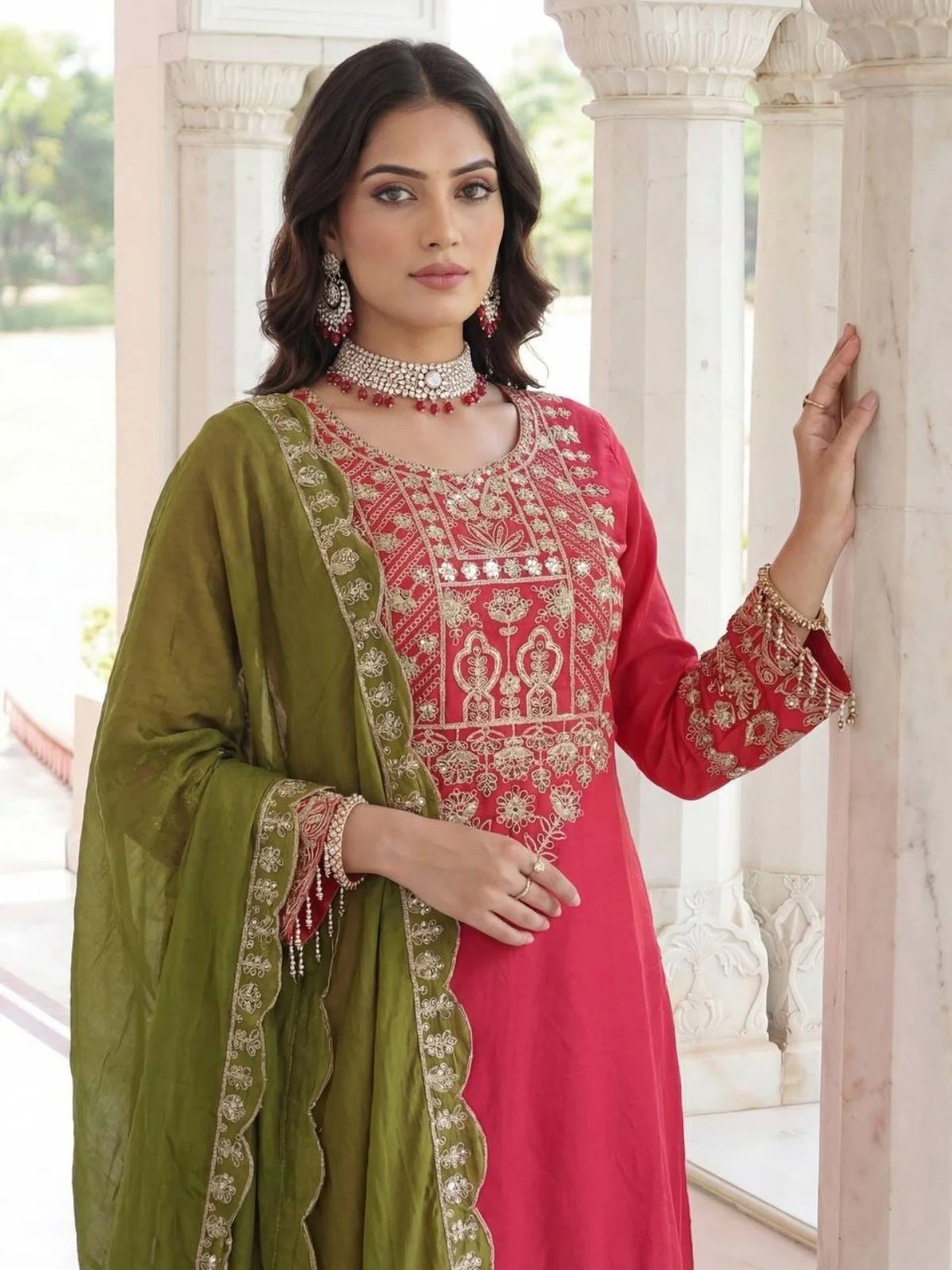 Odette Red Chinon Solid Stitched Kurta Set For Women - Image 4