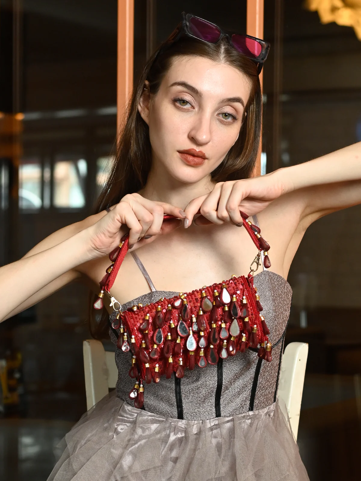 Odette Red Clutch Embellished With Mirror For Women - Image 2