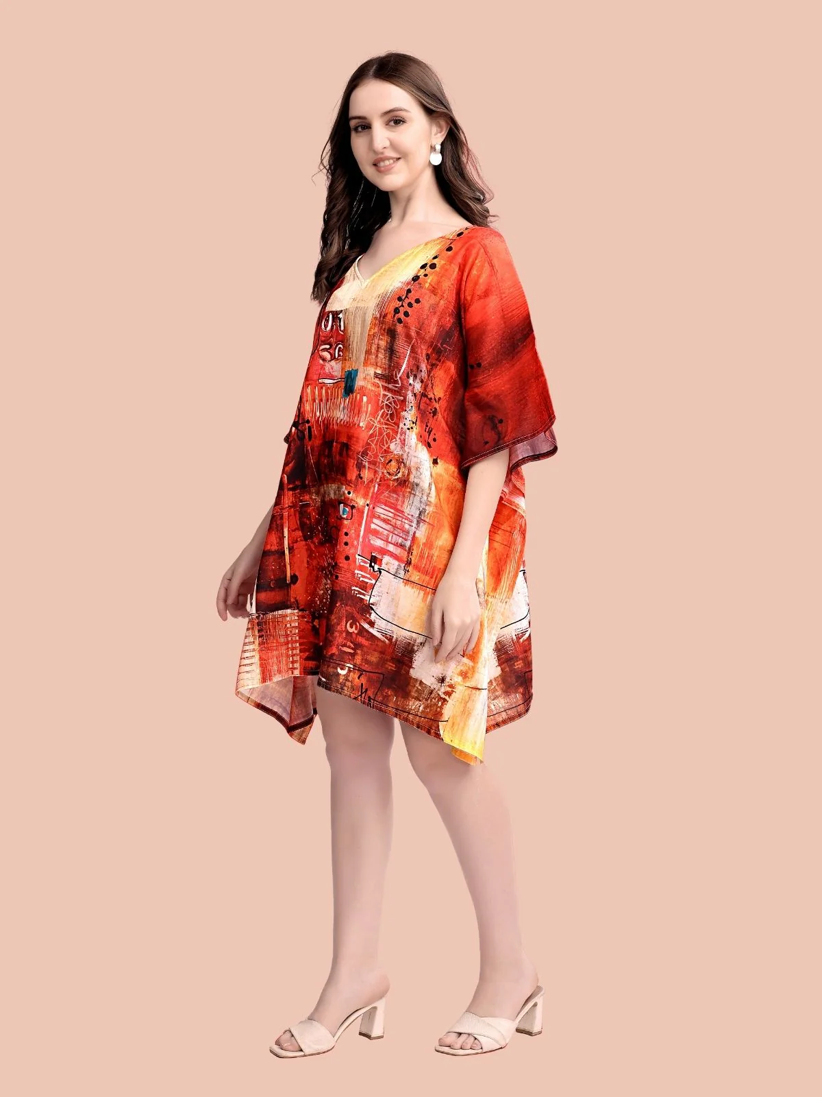 Odette Red Cotton Blend Printed Kaftan For Women - Image 2