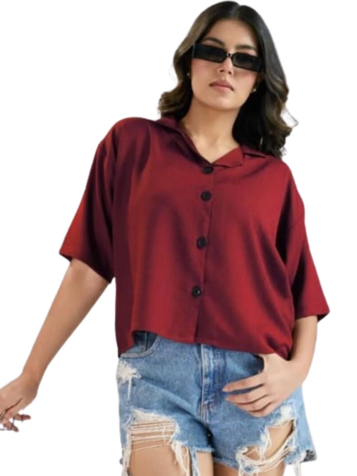 Odette Red Cotton Blend Solid Shirt For Women - Image 2