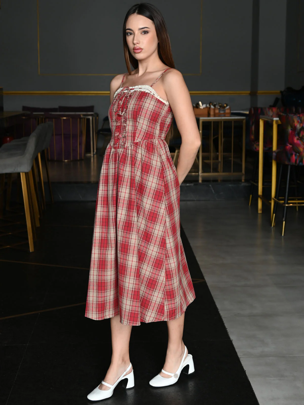 Odette Red Cotton Checked Dress For Women - Image 2