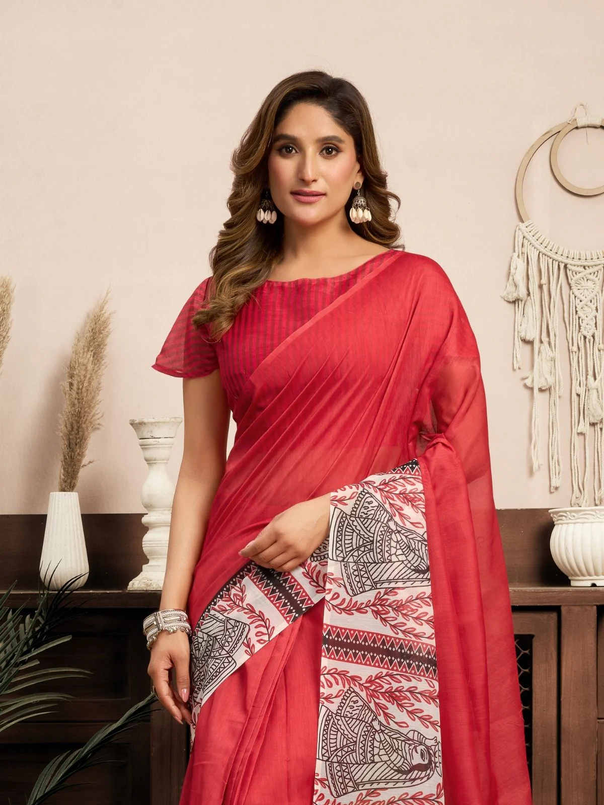 Odette Red Cotton Linen Zari Work Saree For Women - Image 5