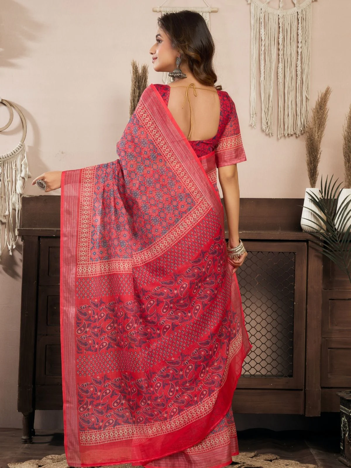 Odette Red Cotton Linen Zari Work Saree For Women - Image 4