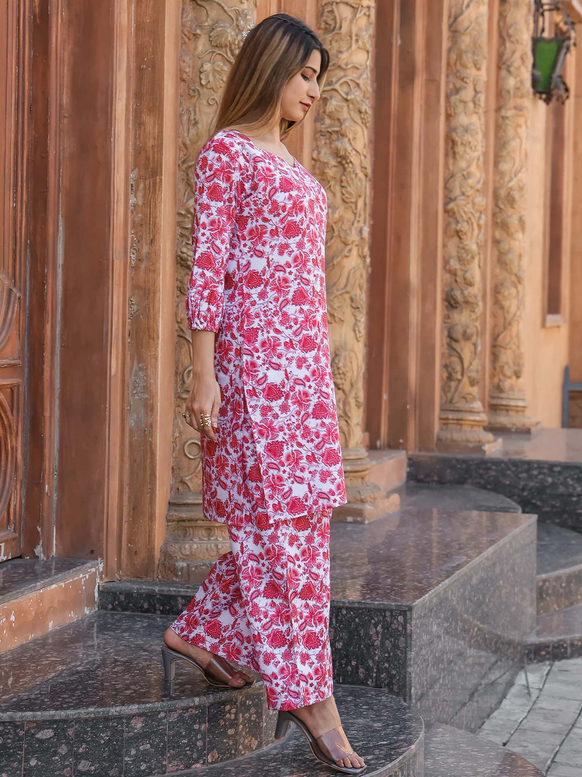 Odette Red Cotton Printed Stitched Co Ord Set for Women - Image 2