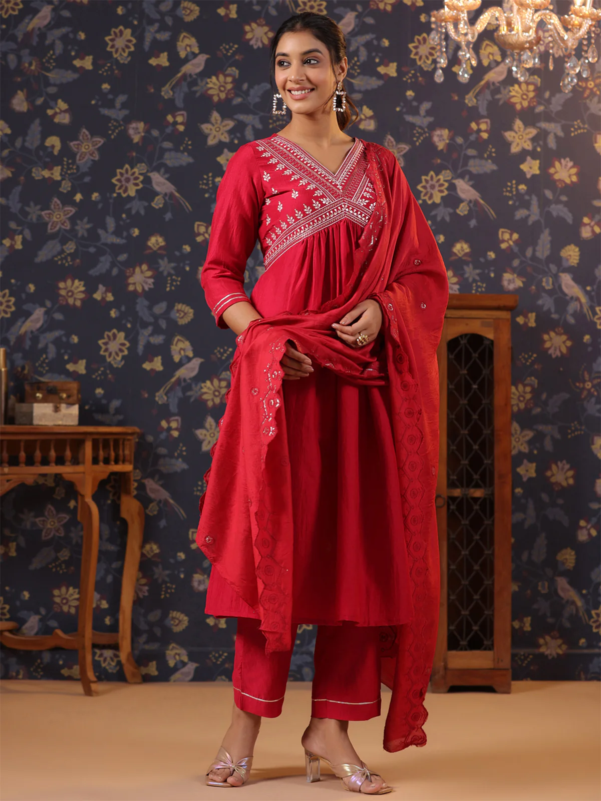 Odette Red Cotton Front Yoke Gathered Stitched Kurta Set For Women - Image 2
