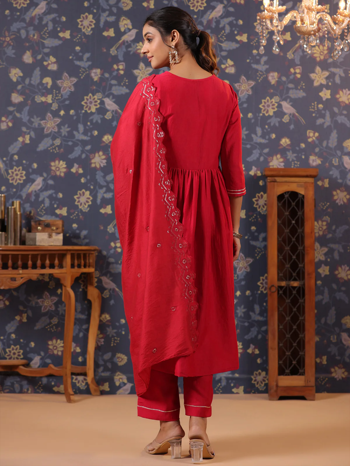 Odette Red Cotton Front Yoke Gathered Stitched Kurta Set For Women - Image 3