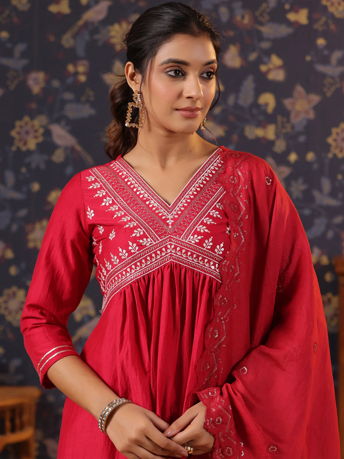 Odette Red Cotton Front Yoke Gathered Stitched Kurta Set For Women - Image 4