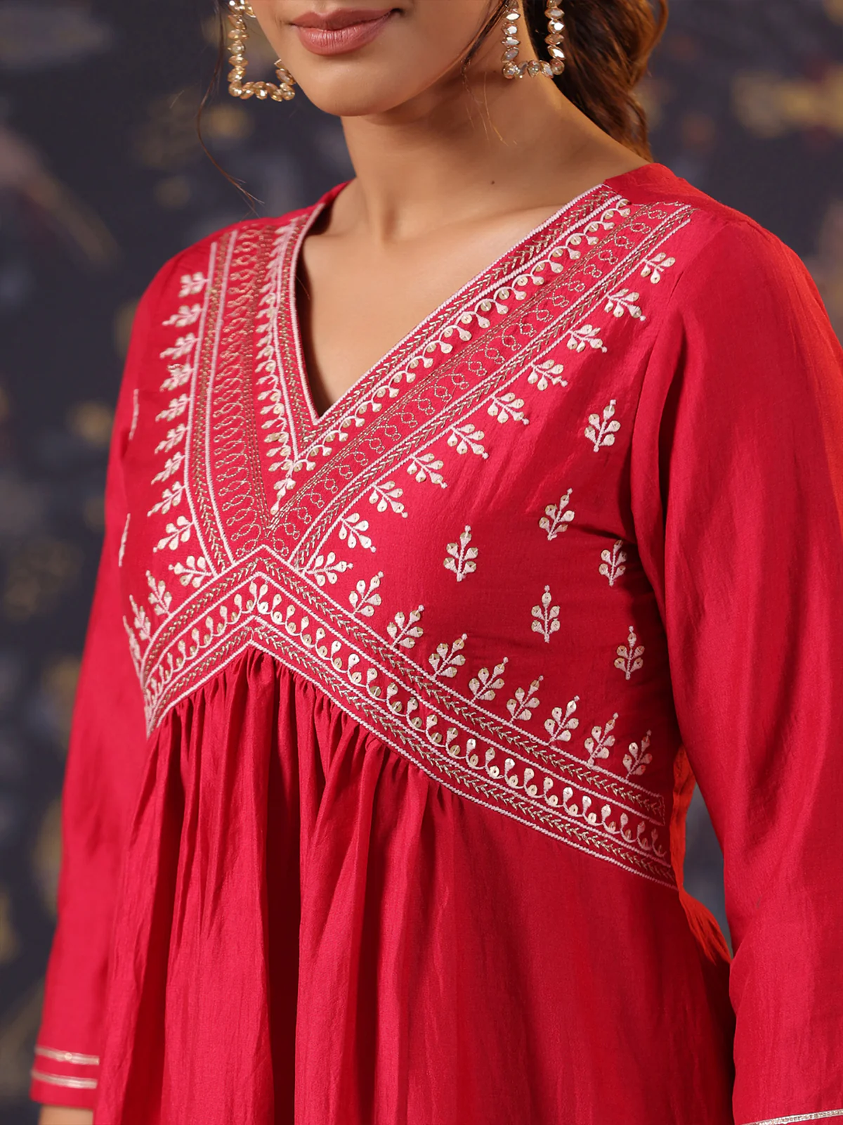 Odette Red Cotton Front Yoke Gathered Stitched Kurta Set For Women - Image 5