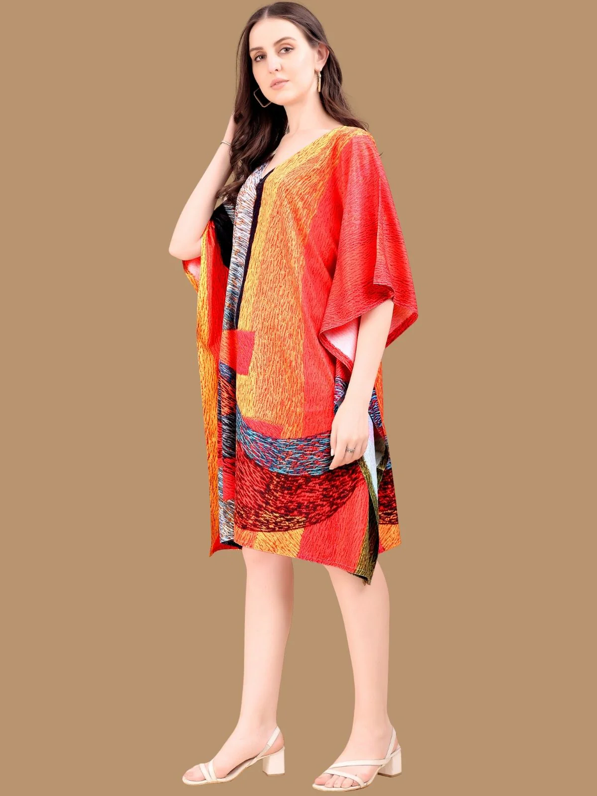 Odette Red Crepe Printed Kaftan For Women - Image 2