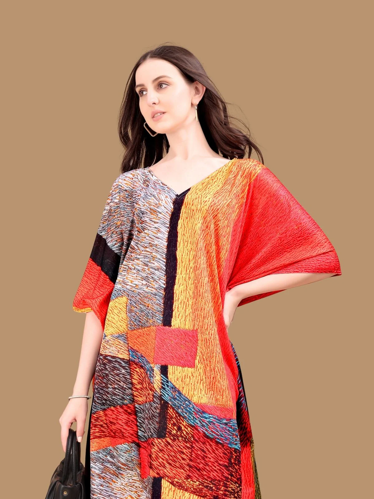 Odette Red Crepe Printed Kaftan For Women - Image 4