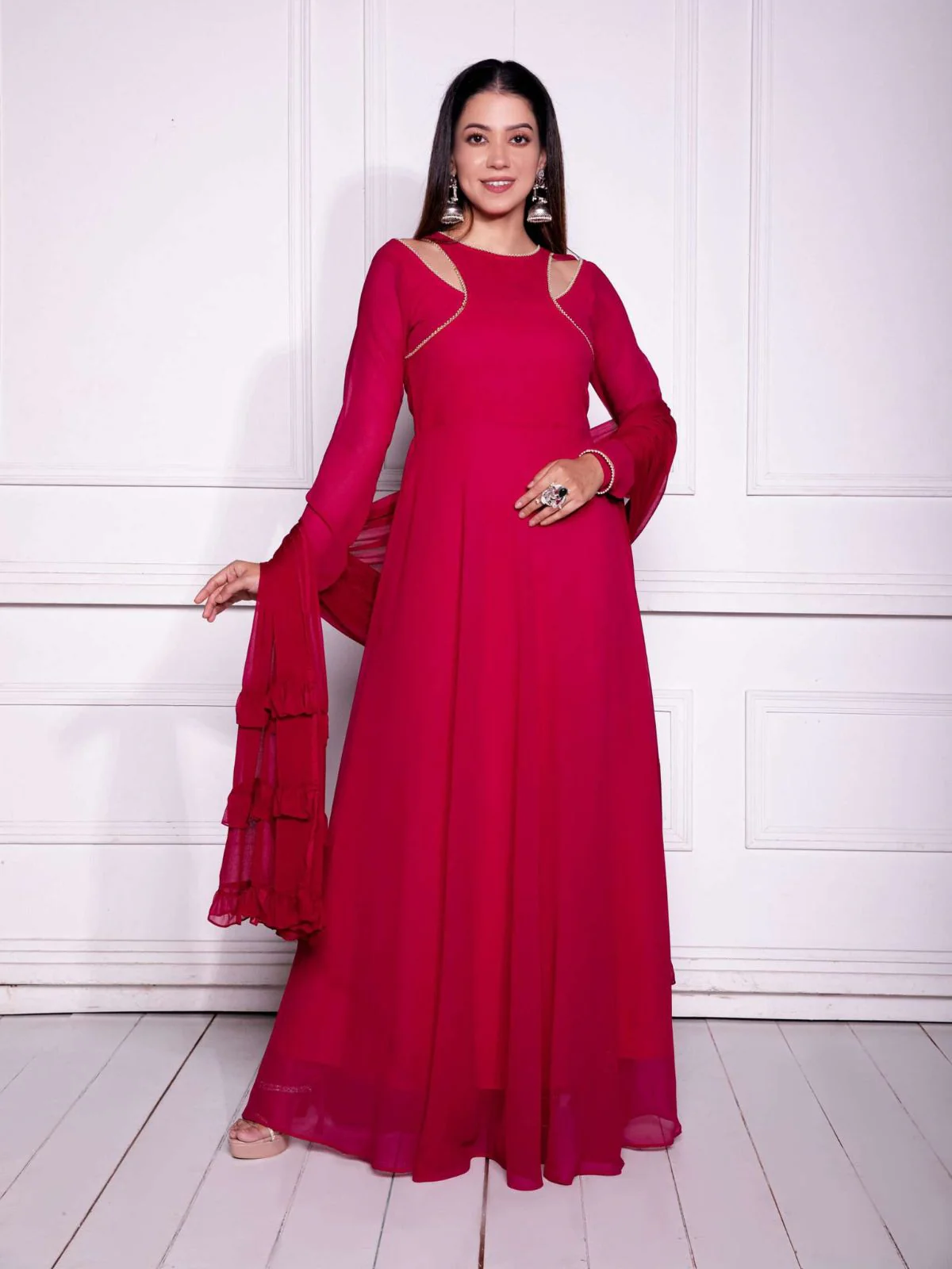 Odette Red Embellished Georgette Stitched Gown With Dupatta For Women