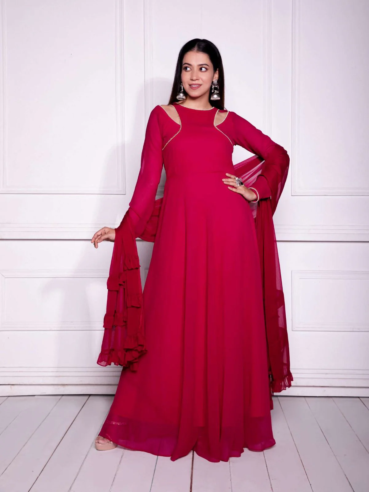 Odette Red Embellished Georgette Stitched Gown With Dupatta For Women - Image 2