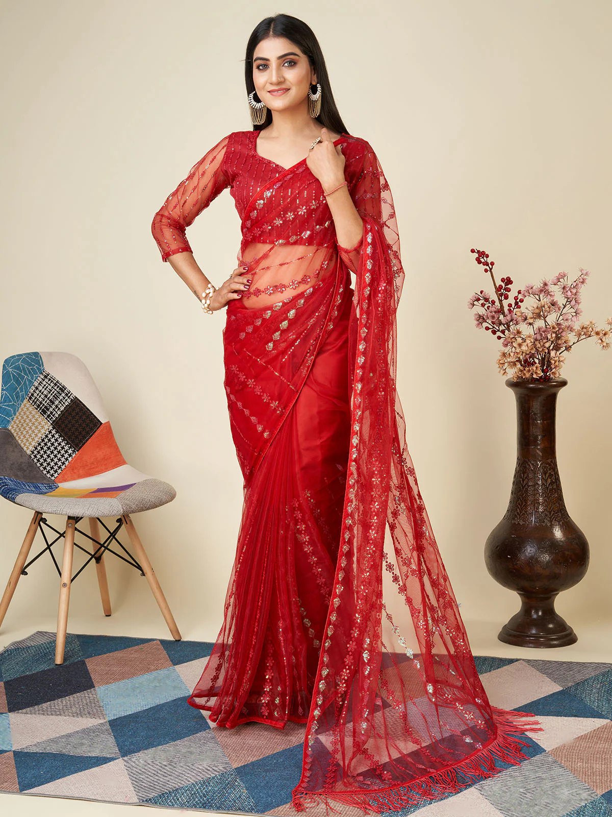 Odette Red Embellished Net Saree With unstitched Blouse For Women - Image 2
