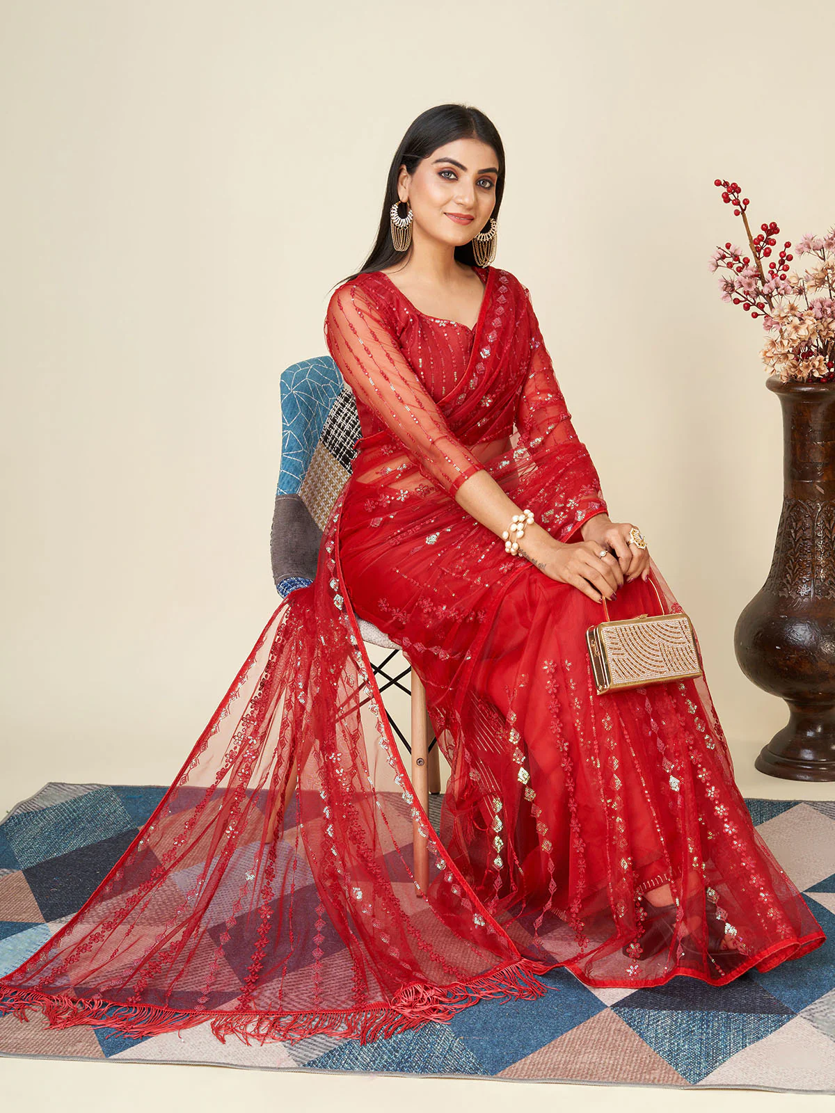 Odette Red Embellished Net Saree With unstitched Blouse For Women - Image 4