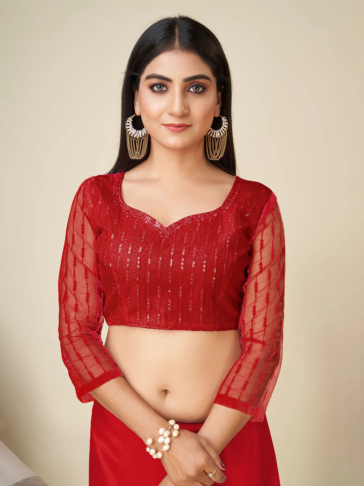 Odette Red Embellished Net Saree With unstitched Blouse For Women - Image 6