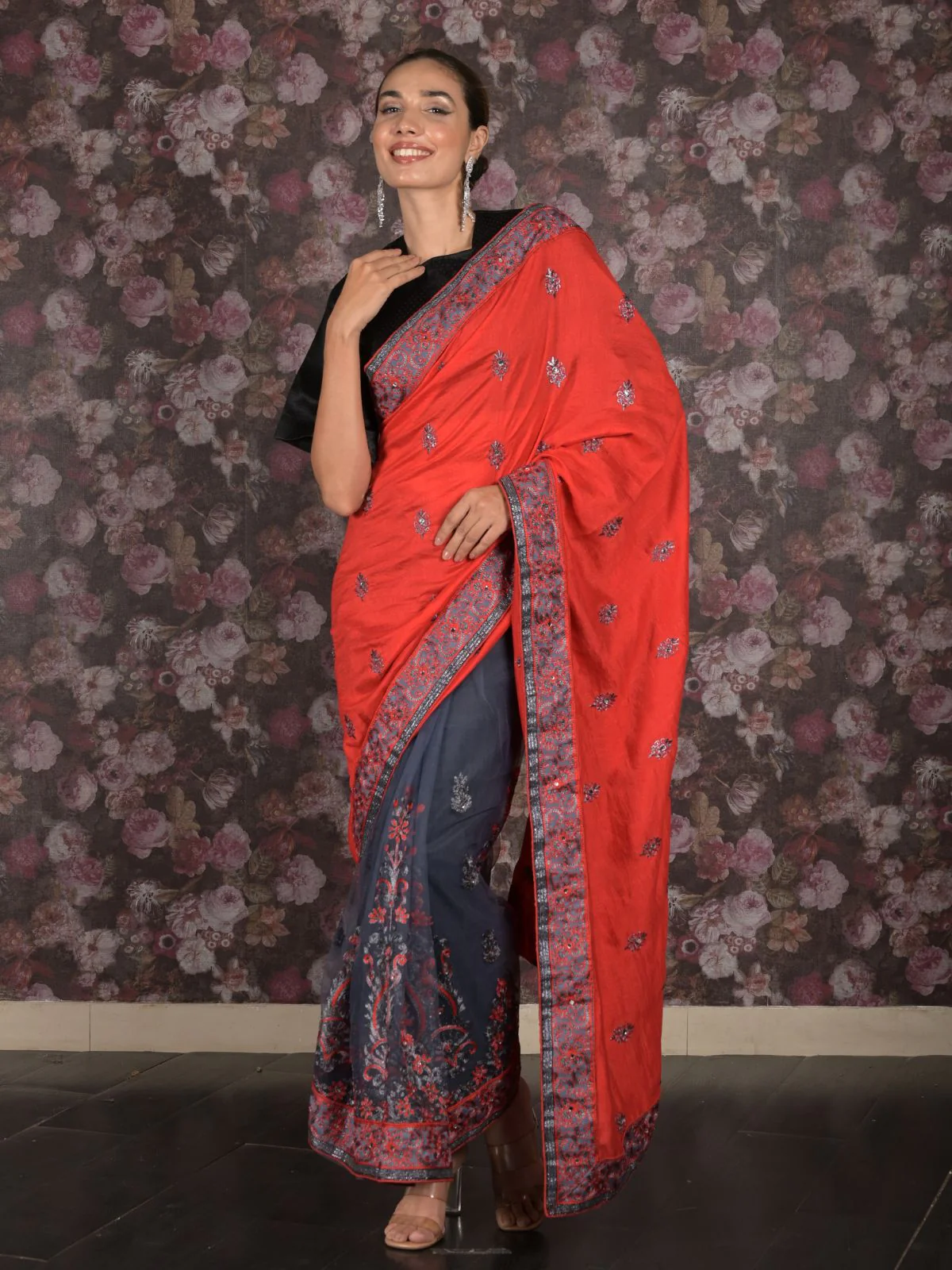 Odette Red Embroidered Crepe Silk Blend And Net Half-n-Half Saree Without Blouse For Women - Image 2