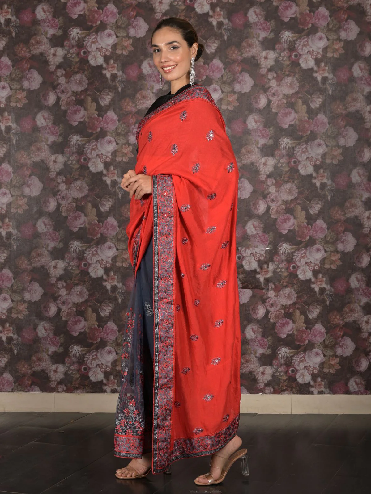 Odette Red Embroidered Crepe Silk Blend And Net Half-n-Half Saree Without Blouse For Women - Image 3