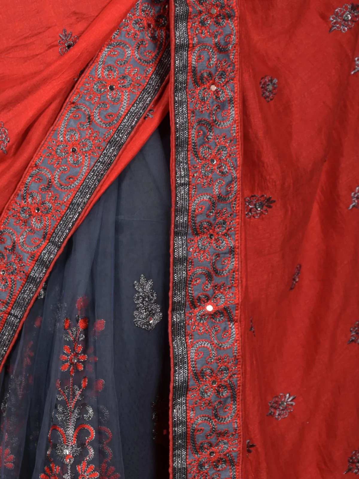 Odette Red Embroidered Crepe Silk Blend And Net Half-n-Half Saree Without Blouse For Women - Image 5