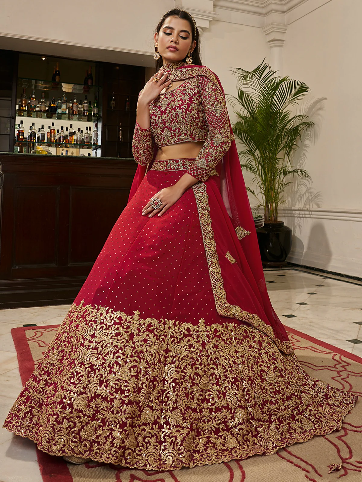Odette Red Embroidered Georgette Semi Stitched Lehenga With Blouse For Women - Image 2