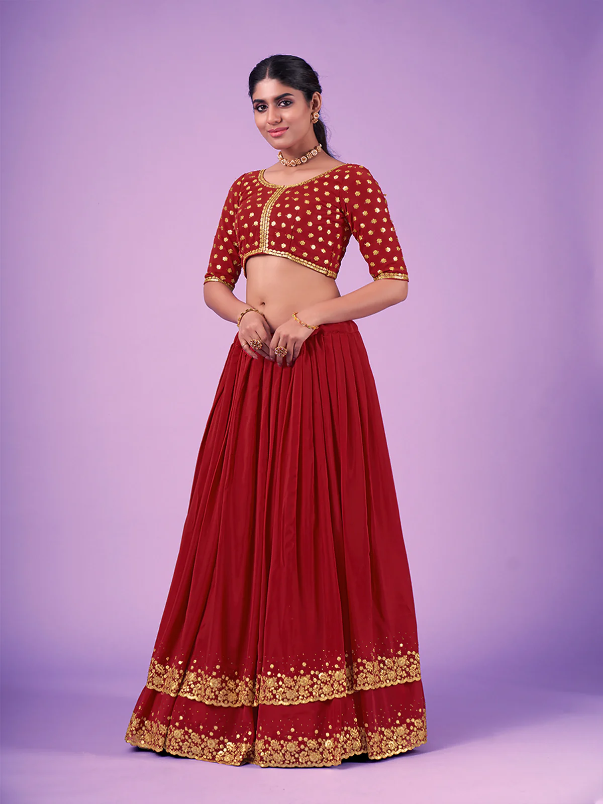 Odette Red Embroidered Georgette Semi Stitched Lehenga With Blouse For Women - Image 4