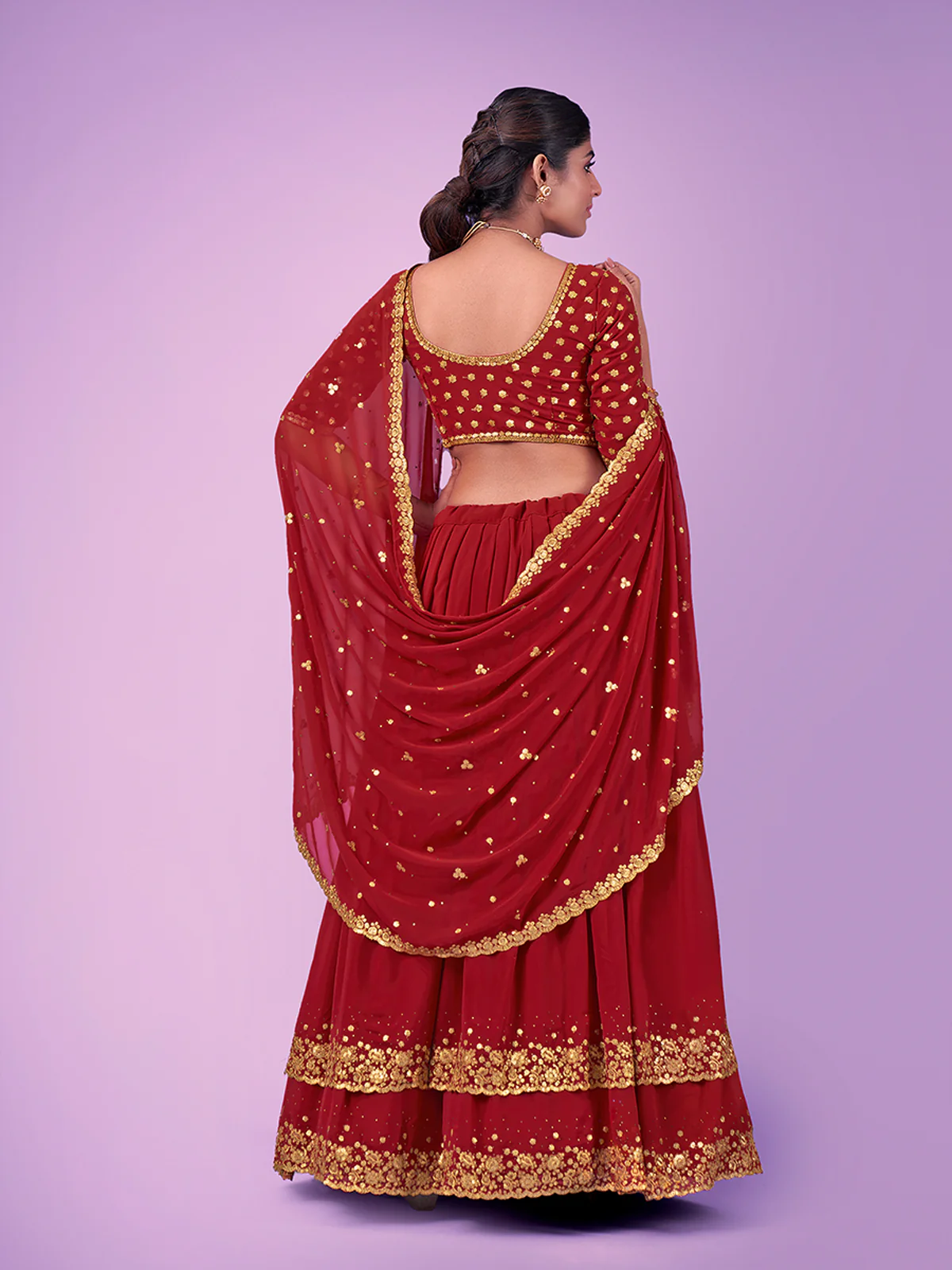 Odette Red Embroidered Georgette Semi Stitched Lehenga With Blouse For Women - Image 5