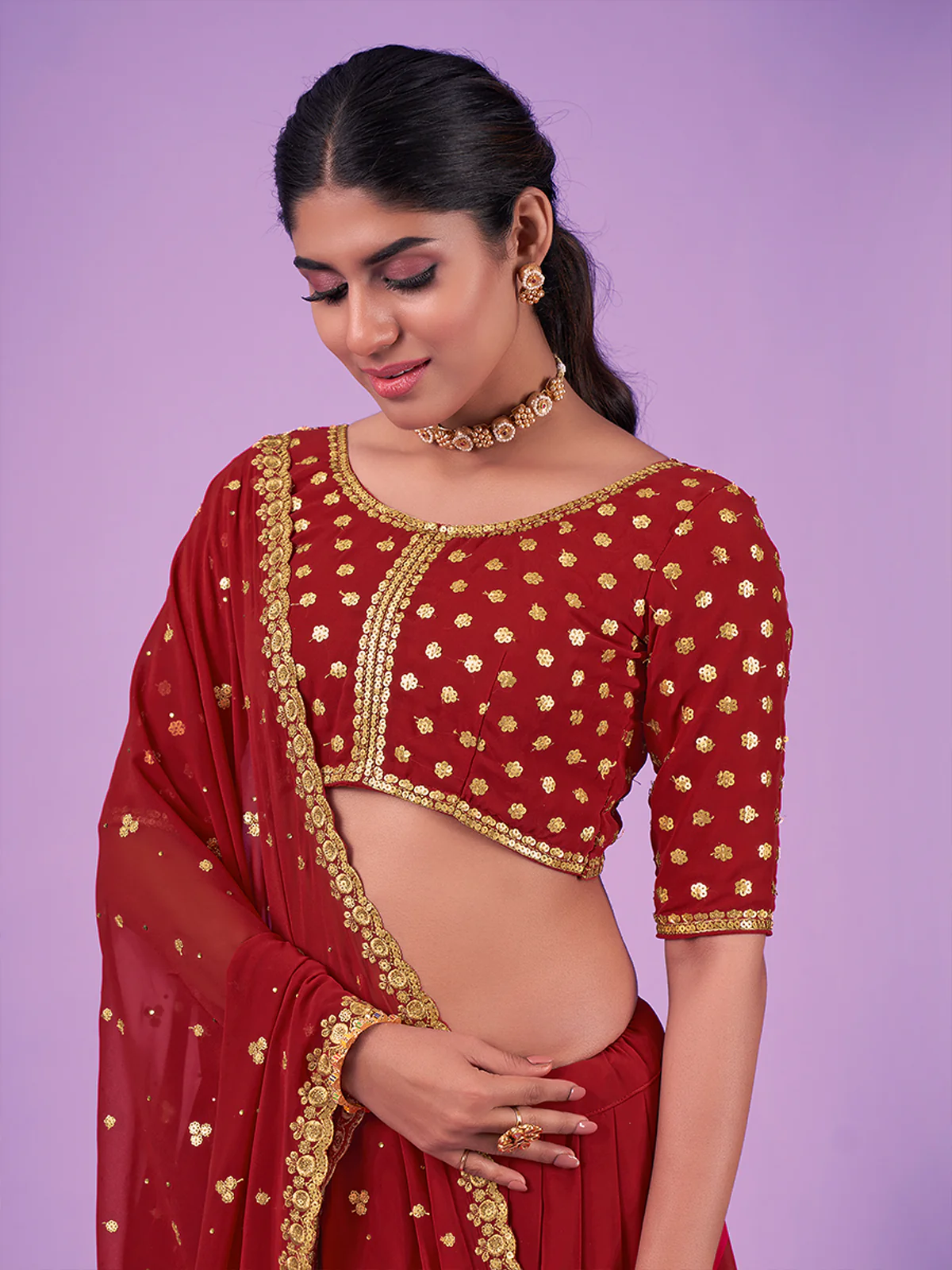 Odette Red Embroidered Georgette Semi Stitched Lehenga With Blouse For Women - Image 6