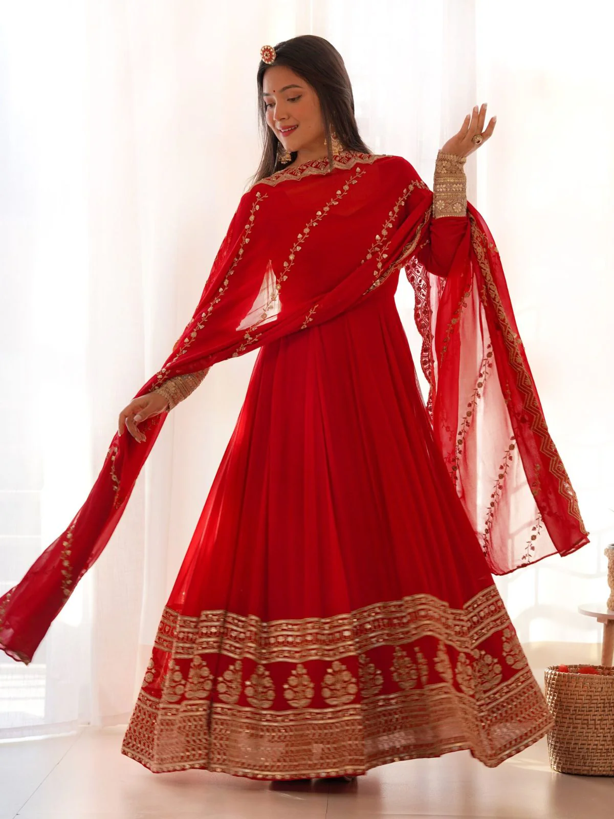 Odette Red Embroidered Georgette Stitched Gown With Dupatta For Women - Image 2