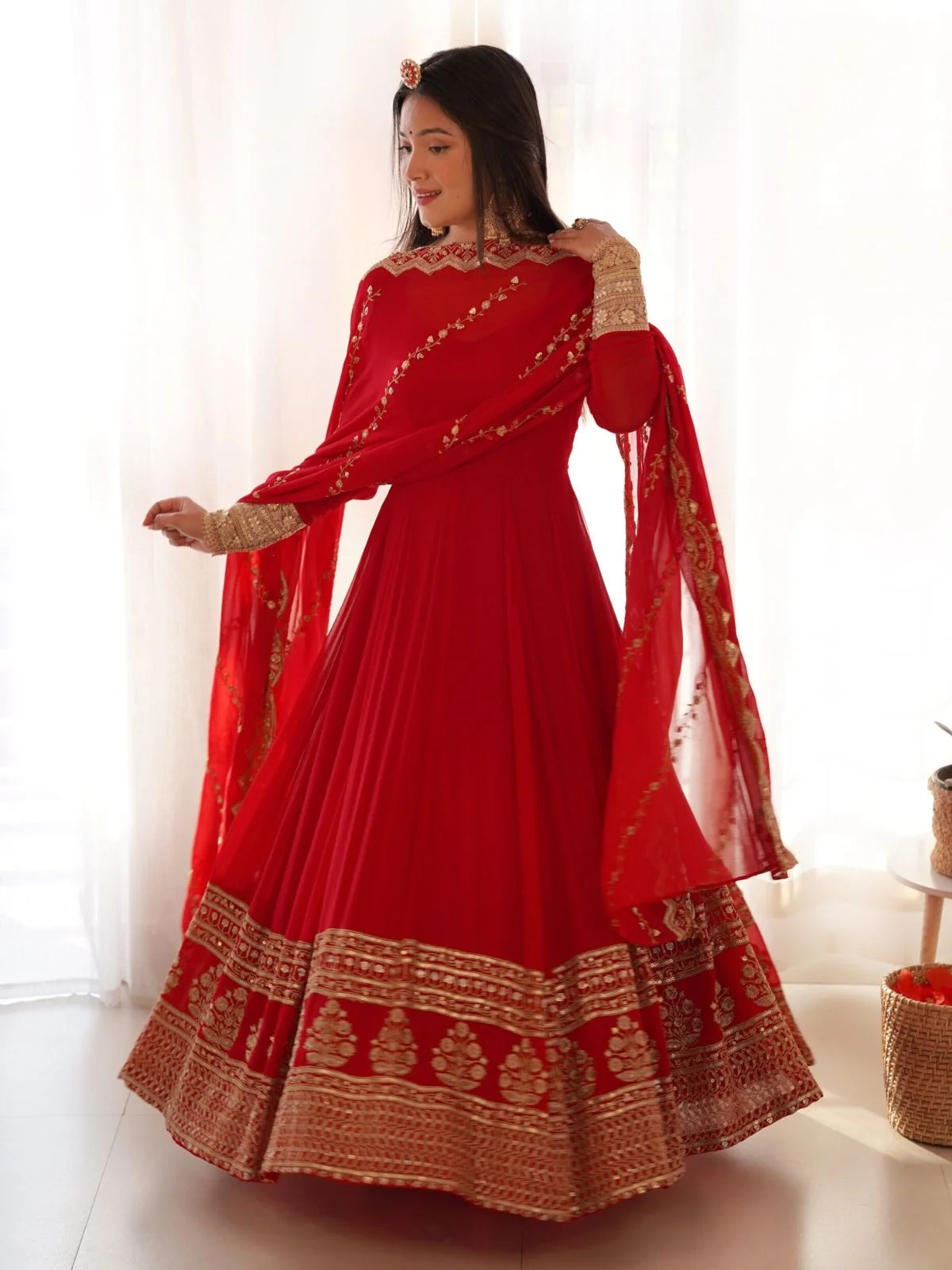 Odette Red Embroidered Georgette Stitched Gown With Dupatta For Women - Image 3