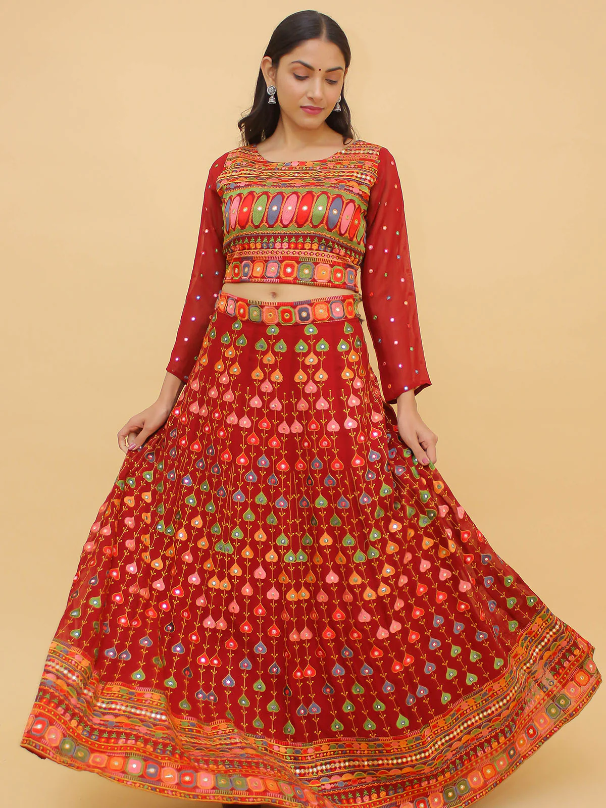 Odette Red Embroidered Georgette Stitched Lehenga With Blouse For Women - Image 3