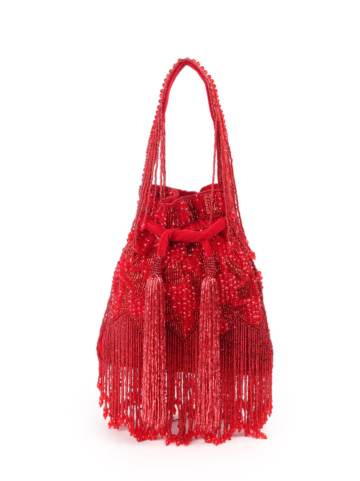 Odette Red Embroidered Potli Bag with Tassels For Women - Image 3