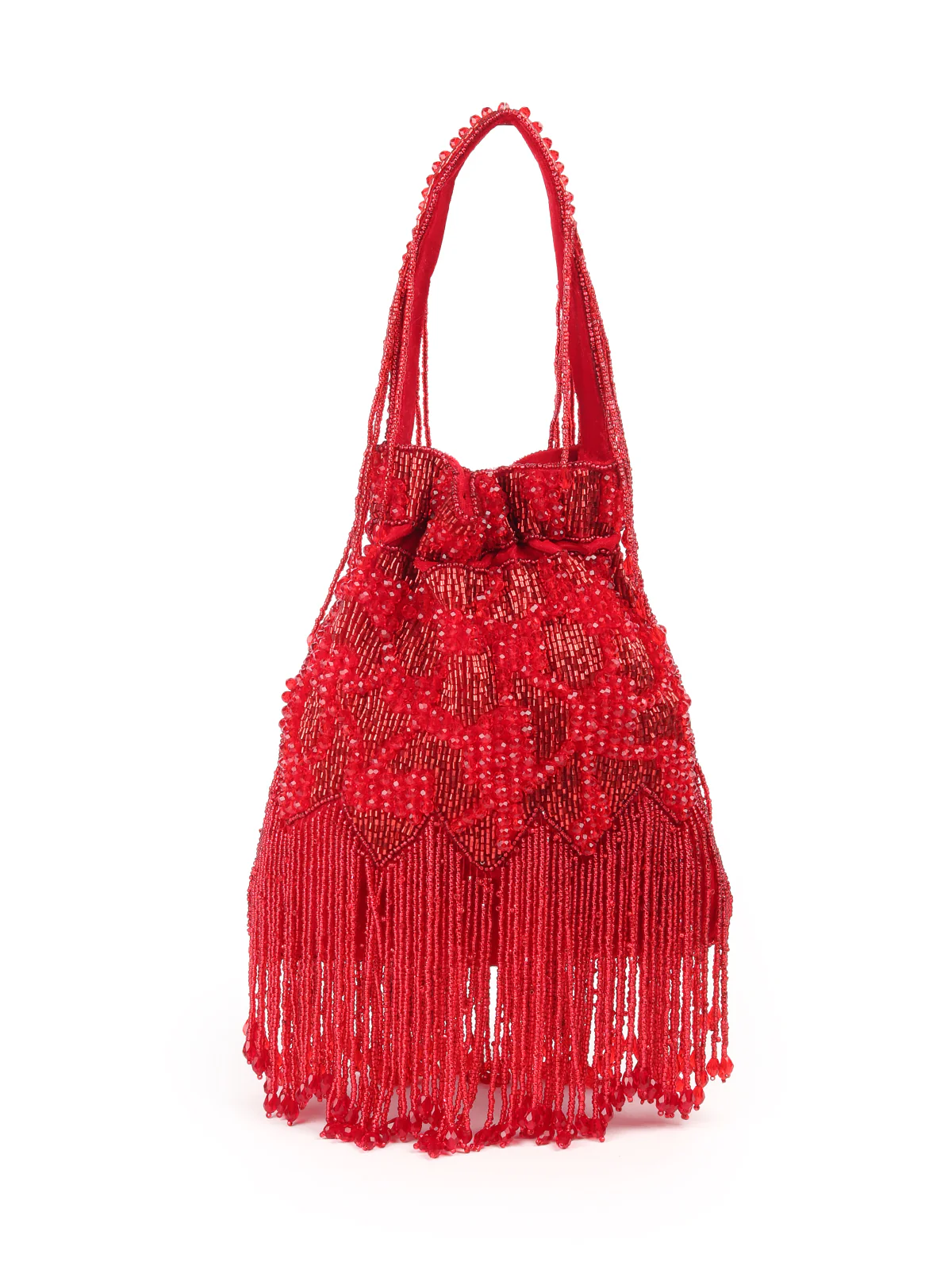Odette Red Embroidered Potli Bag with Tassels For Women - Image 5
