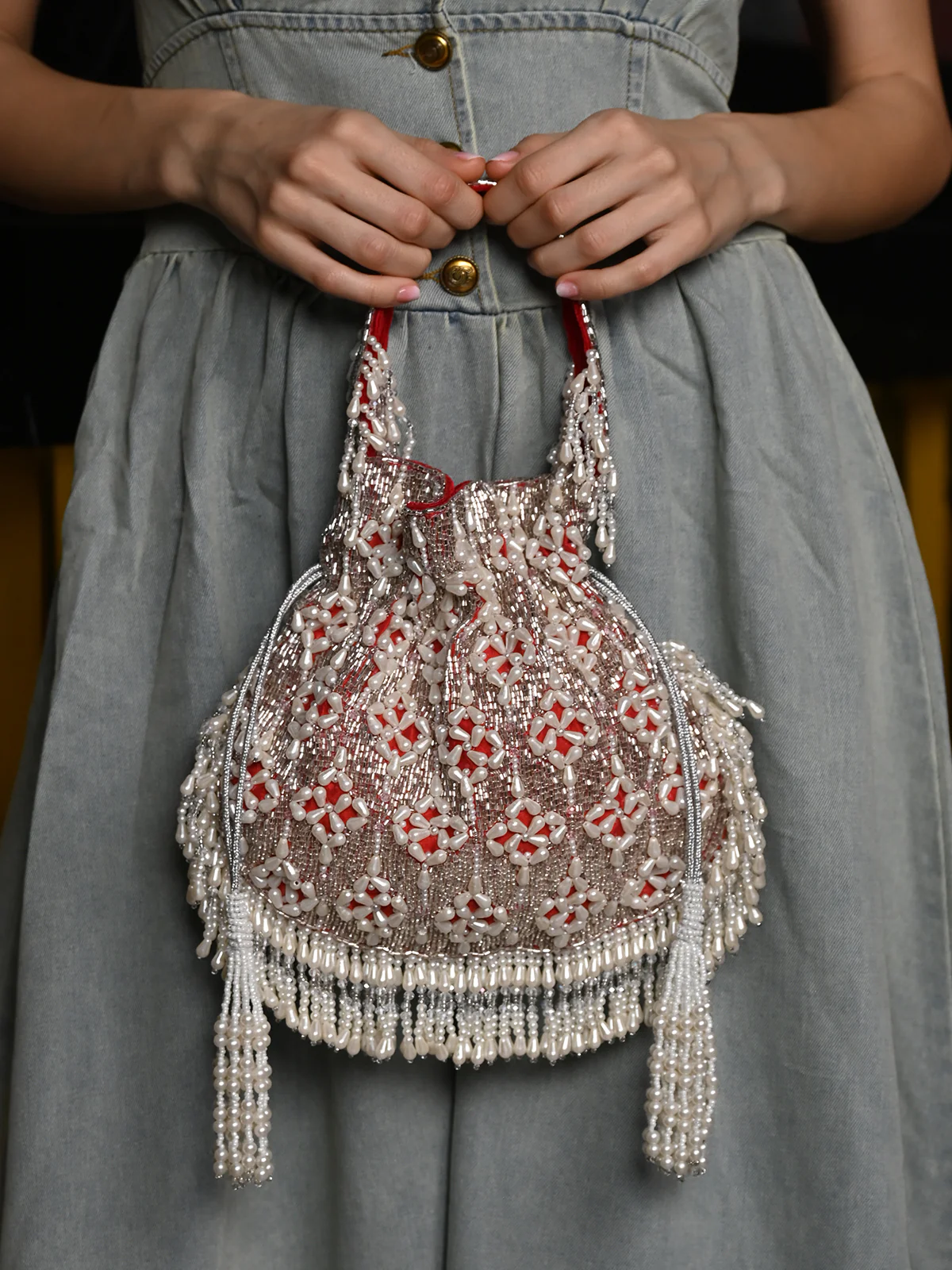 Odette Red Embroidered Potli Bag with Tassels For Women - Image 2
