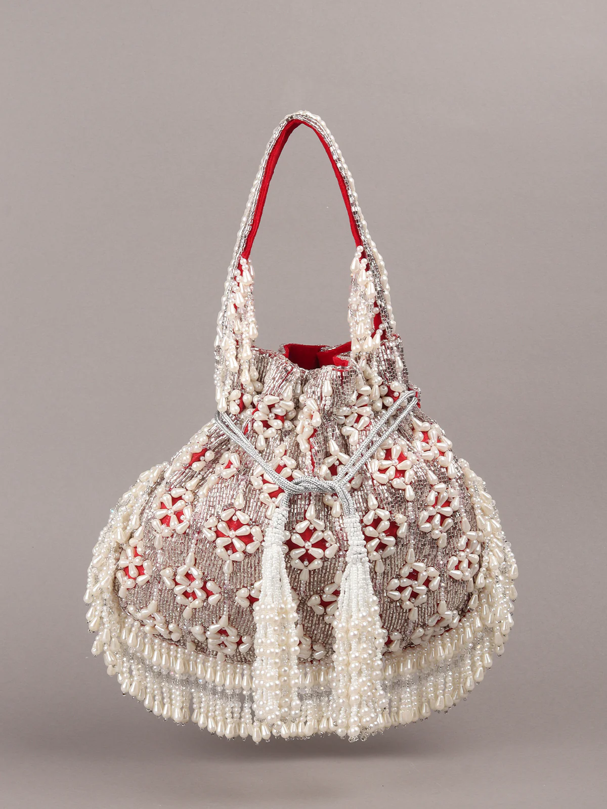 Odette Red Embroidered Potli Bag with Tassels For Women - Image 3