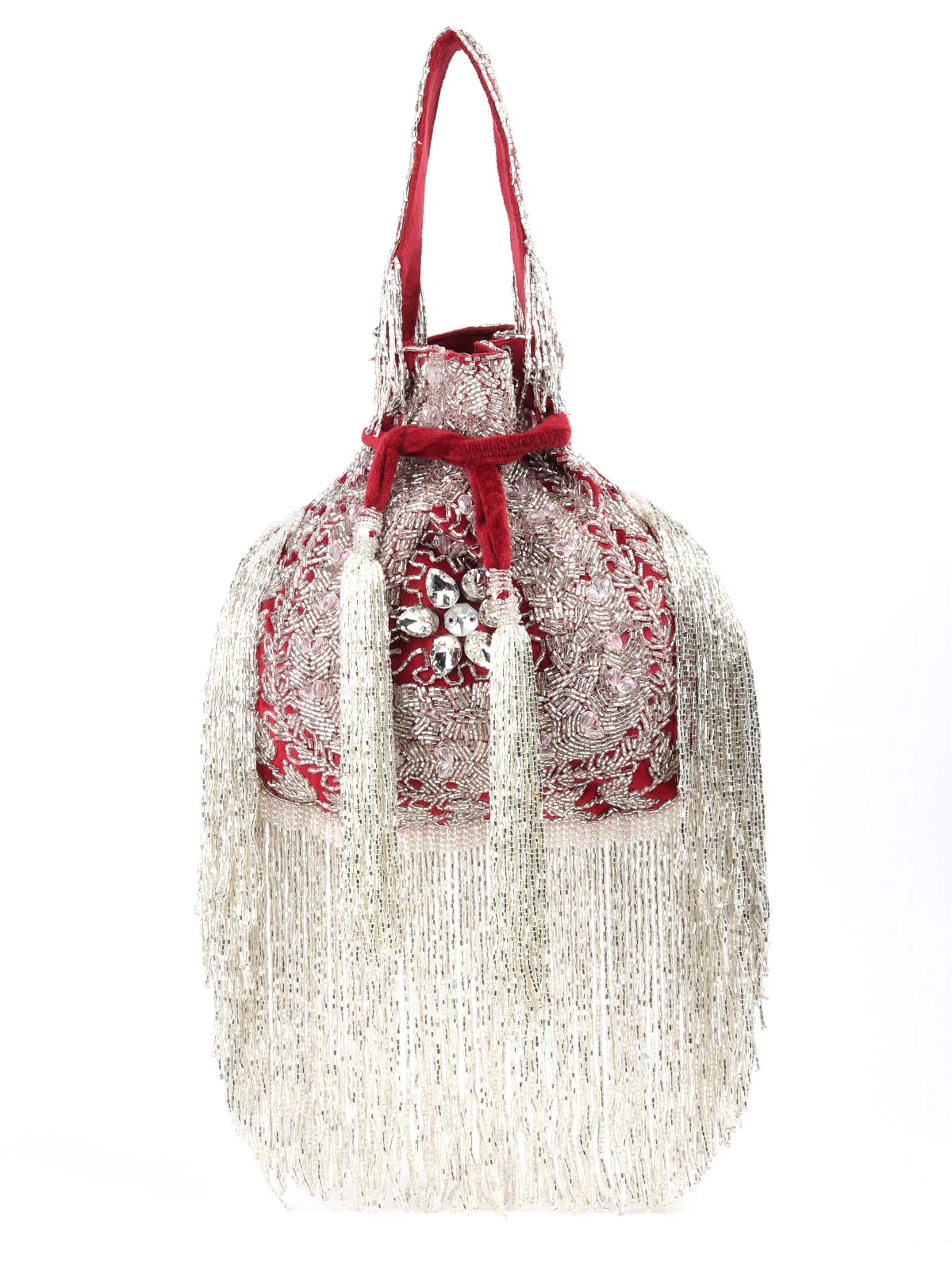 Odette Red Embroidered Potli Bag with Tassels For Women - Image 3