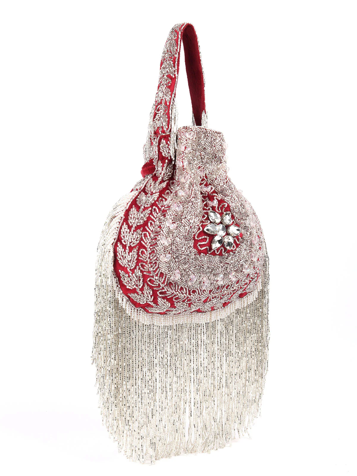 Odette Red Embroidered Potli Bag with Tassels For Women - Image 4