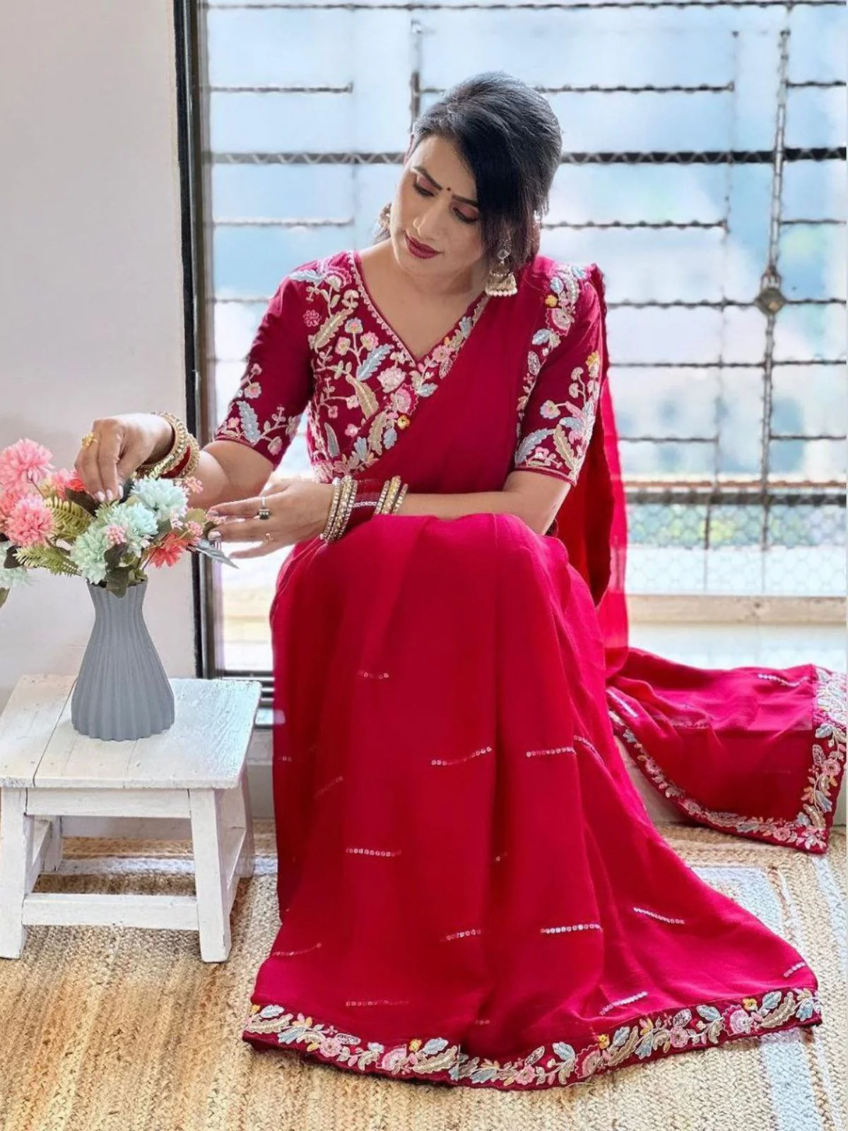 Odette Red Embroidered Silk Blend Saree With Stitched Blouse For Women - Image 2