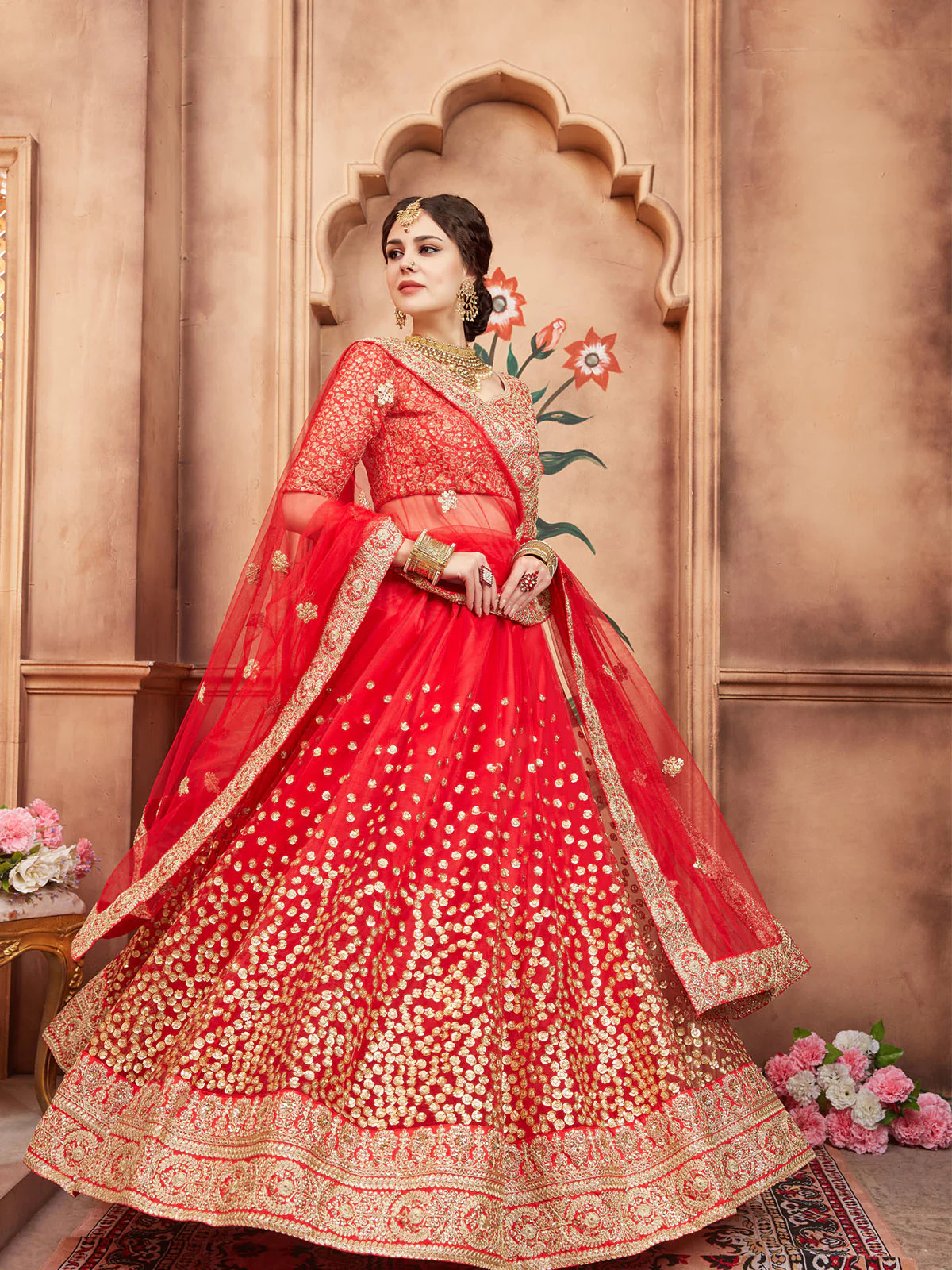 Odette Red Embroidered Soft Net Semi Stitched Lehenga With Blouse For Women - Image 2