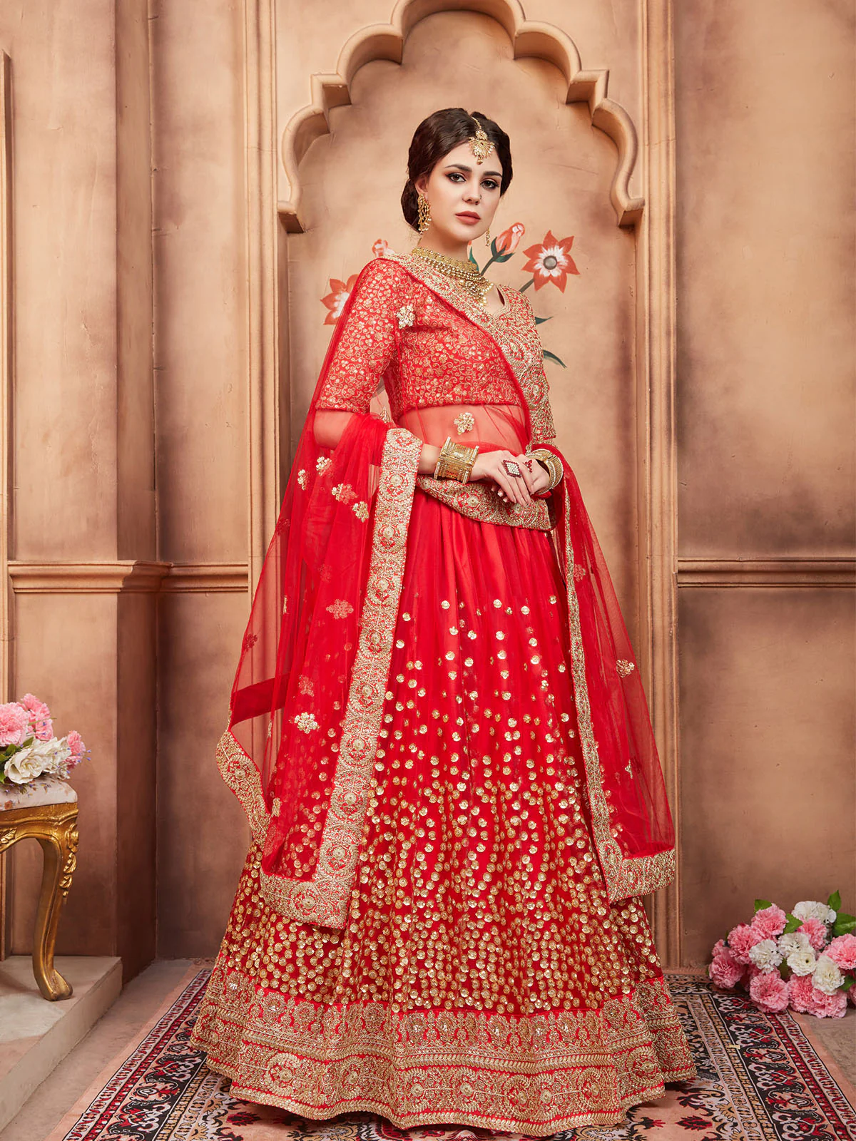 Odette Red Embroidered Soft Net Semi Stitched Lehenga With Blouse For Women - Image 3