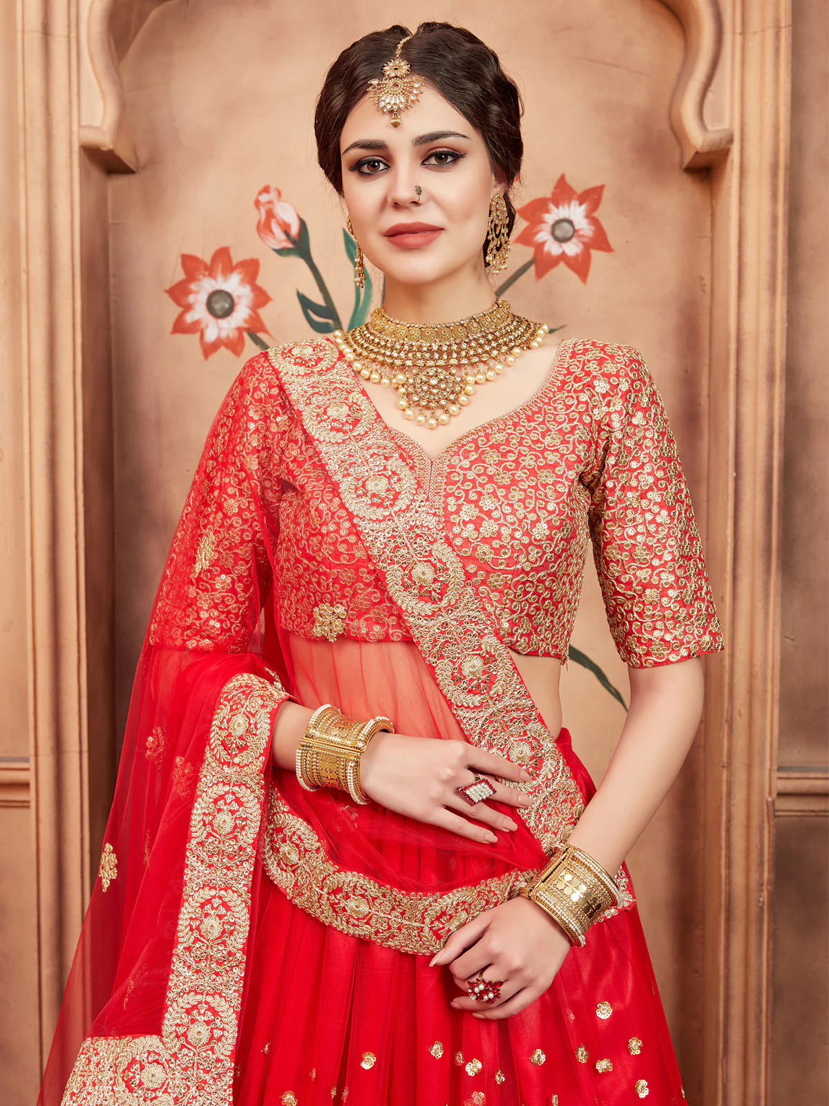 Odette Red Embroidered Soft Net Semi Stitched Lehenga With Blouse For Women - Image 5