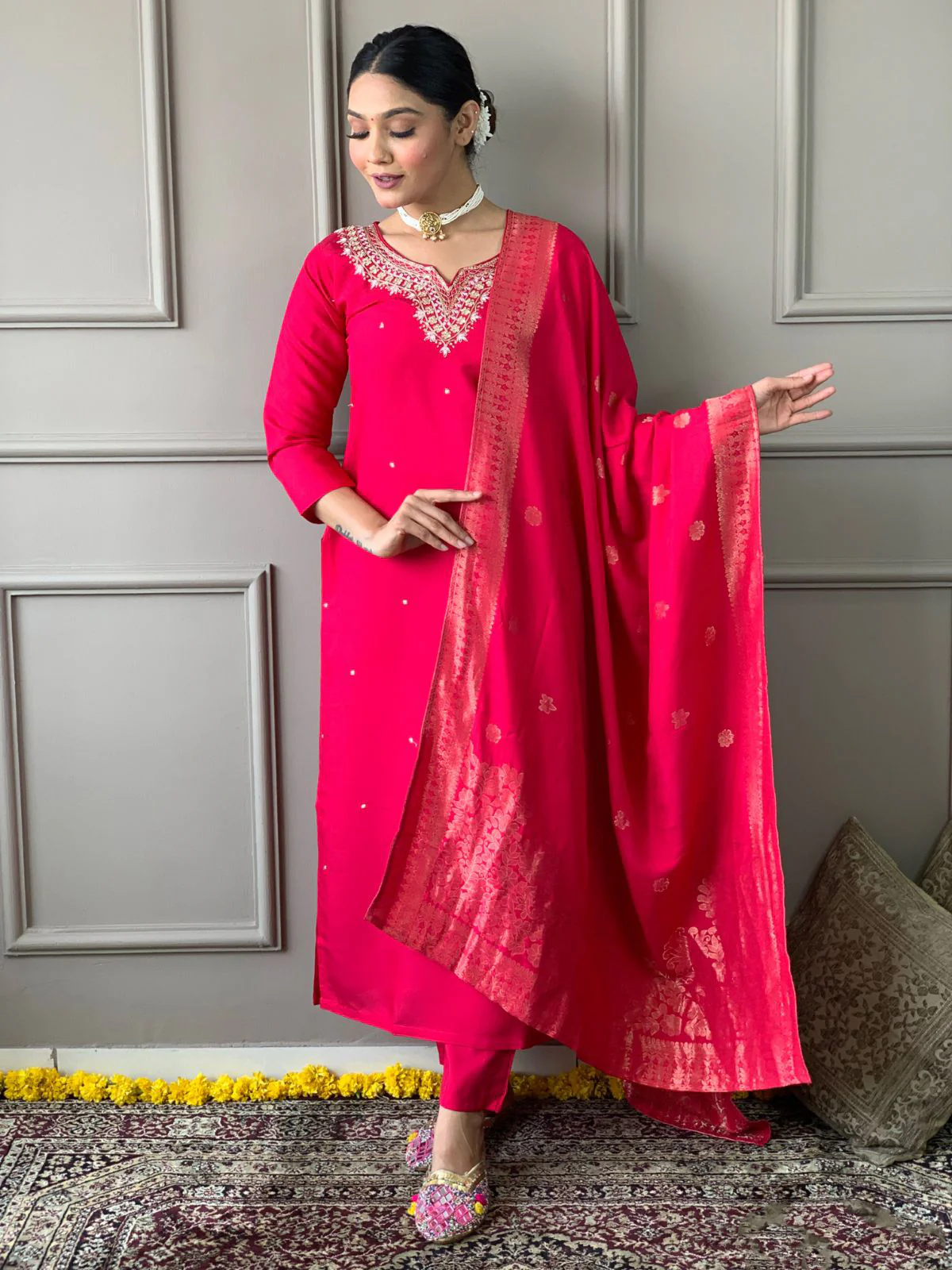 Odette Red Embroidered Viscose Stitched Kurta Set For Women - Image 2
