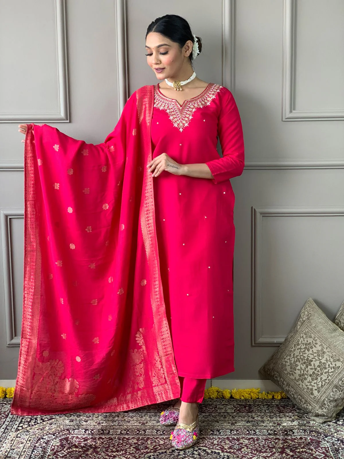 Odette Red Embroidered Viscose Stitched Kurta Set For Women - Image 3