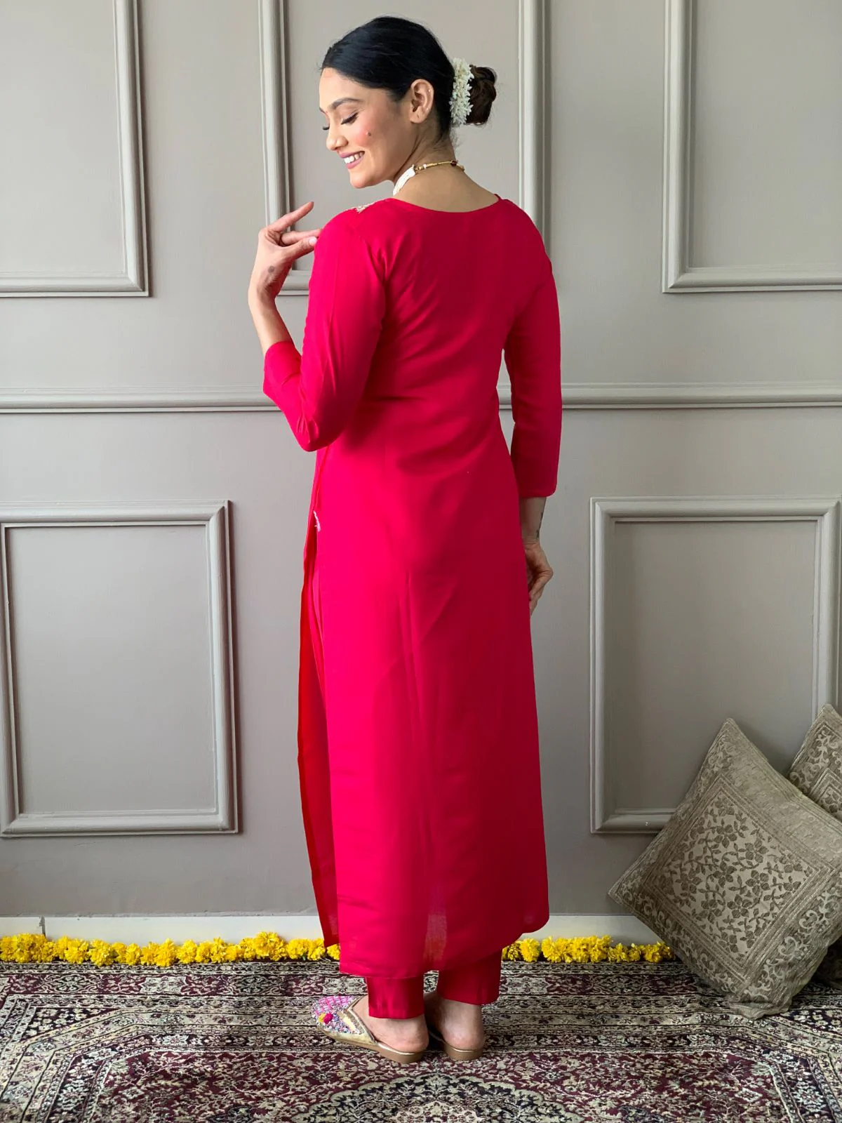 Odette Red Embroidered Viscose Stitched Kurta Set For Women - Image 5