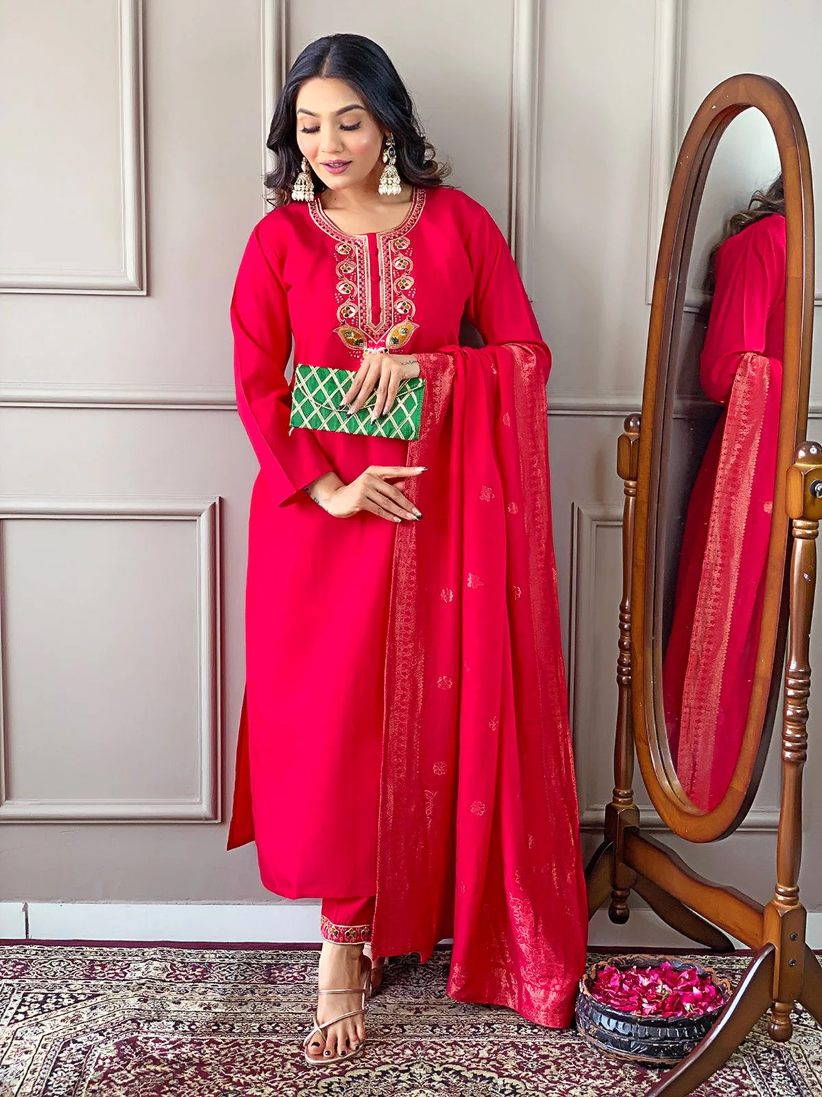 Odette Red Embroidered Viscose Silk Stitched Kurta Salwar Set For Women - Image 2