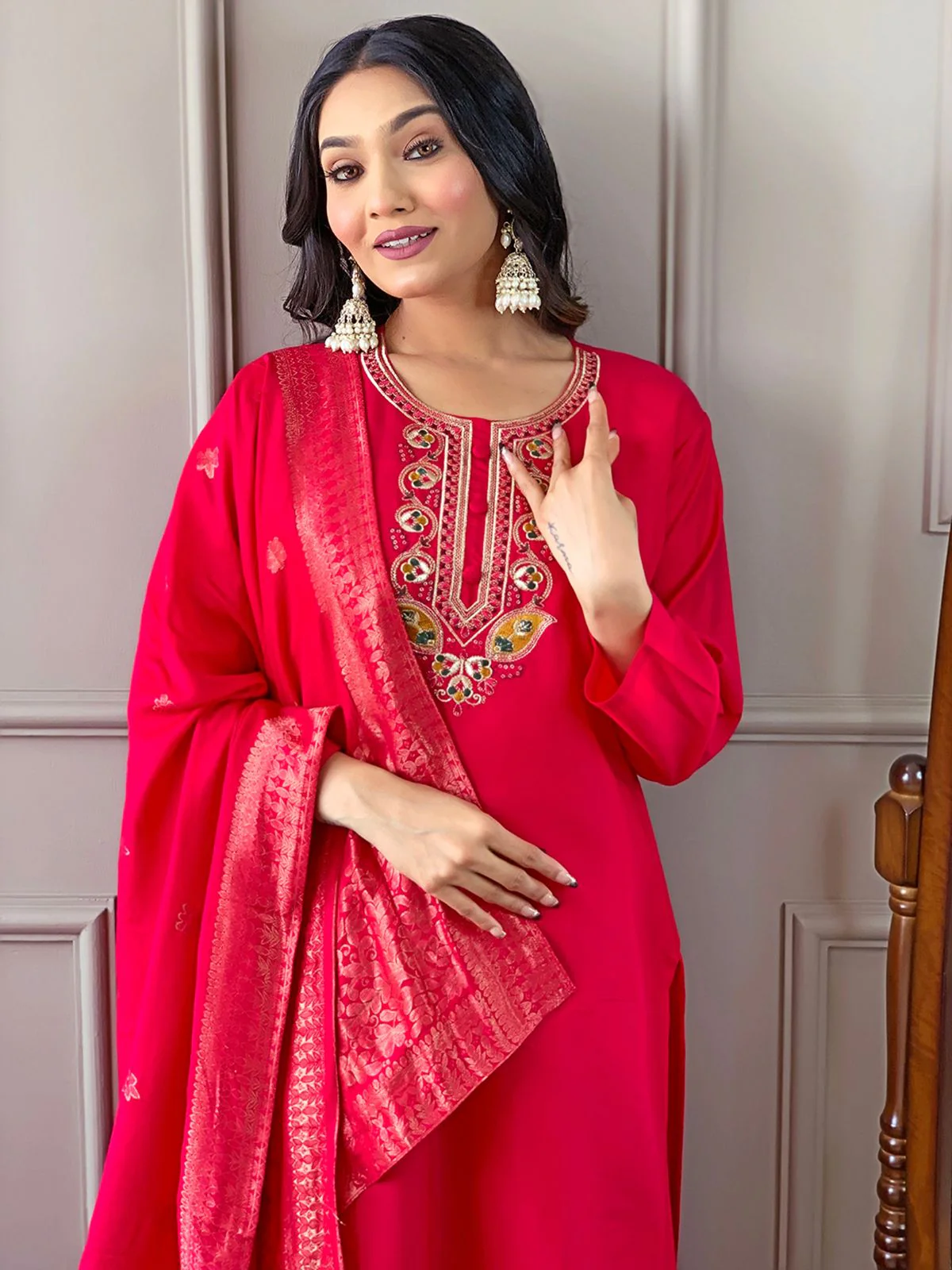Odette Red Embroidered Viscose Silk Stitched Kurta Salwar Set For Women - Image 3