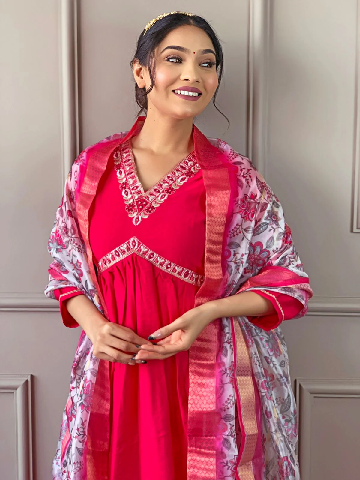 Odette Red Embroidered Viscose Silk Stitched Kurta Salwar Set For Women - Image 3