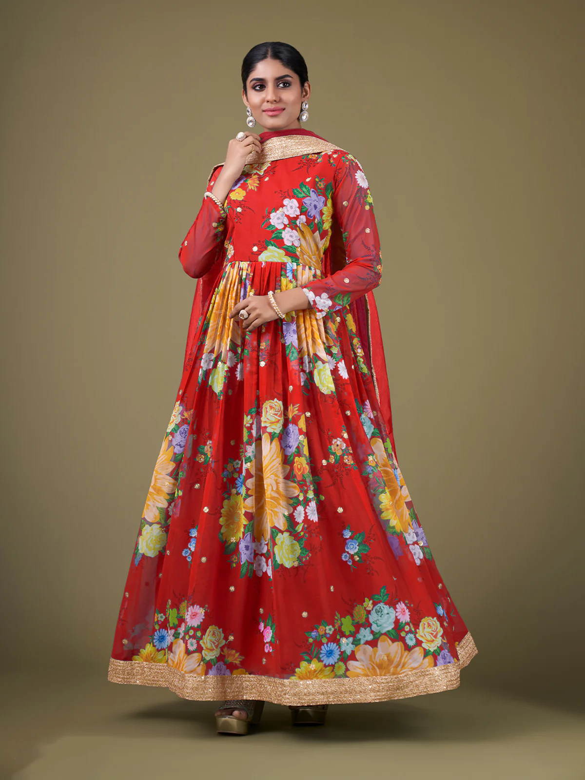 Odette Red Faux Georgette Printed Semi Stitched Anarkali Kurta Set For Women - Image 2