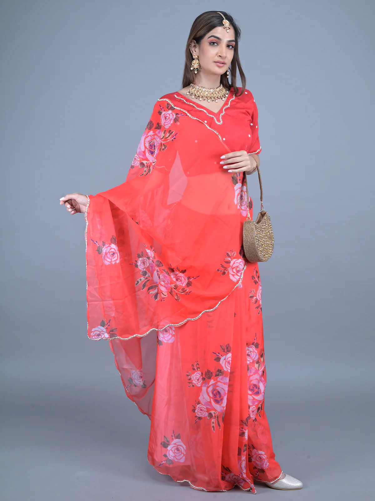 Odette Red Floral Printed Embroidered Soft Organza Saree with Unstitched Blouse for Women